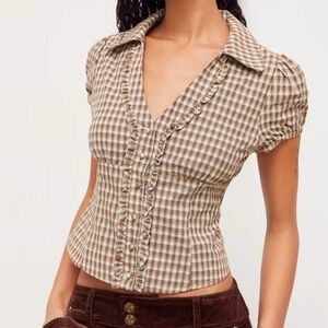 Cider Woven Cotton Button Up Short Sleeve Blouse